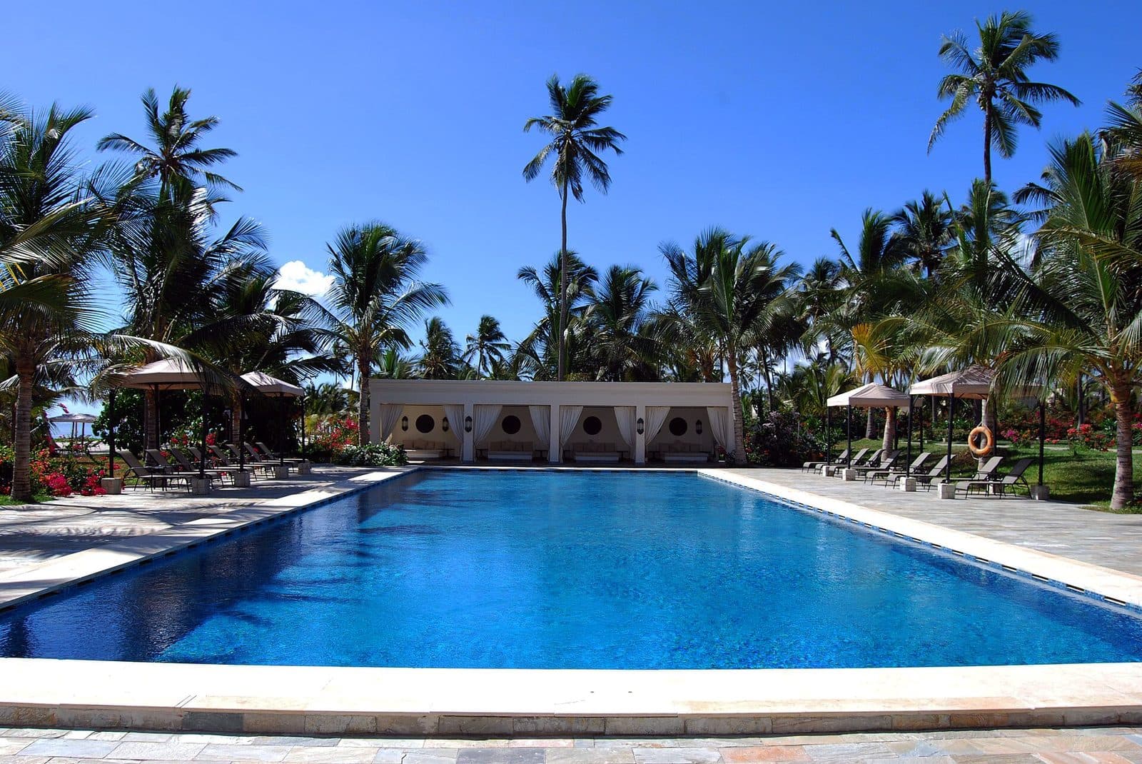 Ein Resort-Swimmingpool mit Palmen und Liegen unter klarem blauem Himmel an der Ostküste