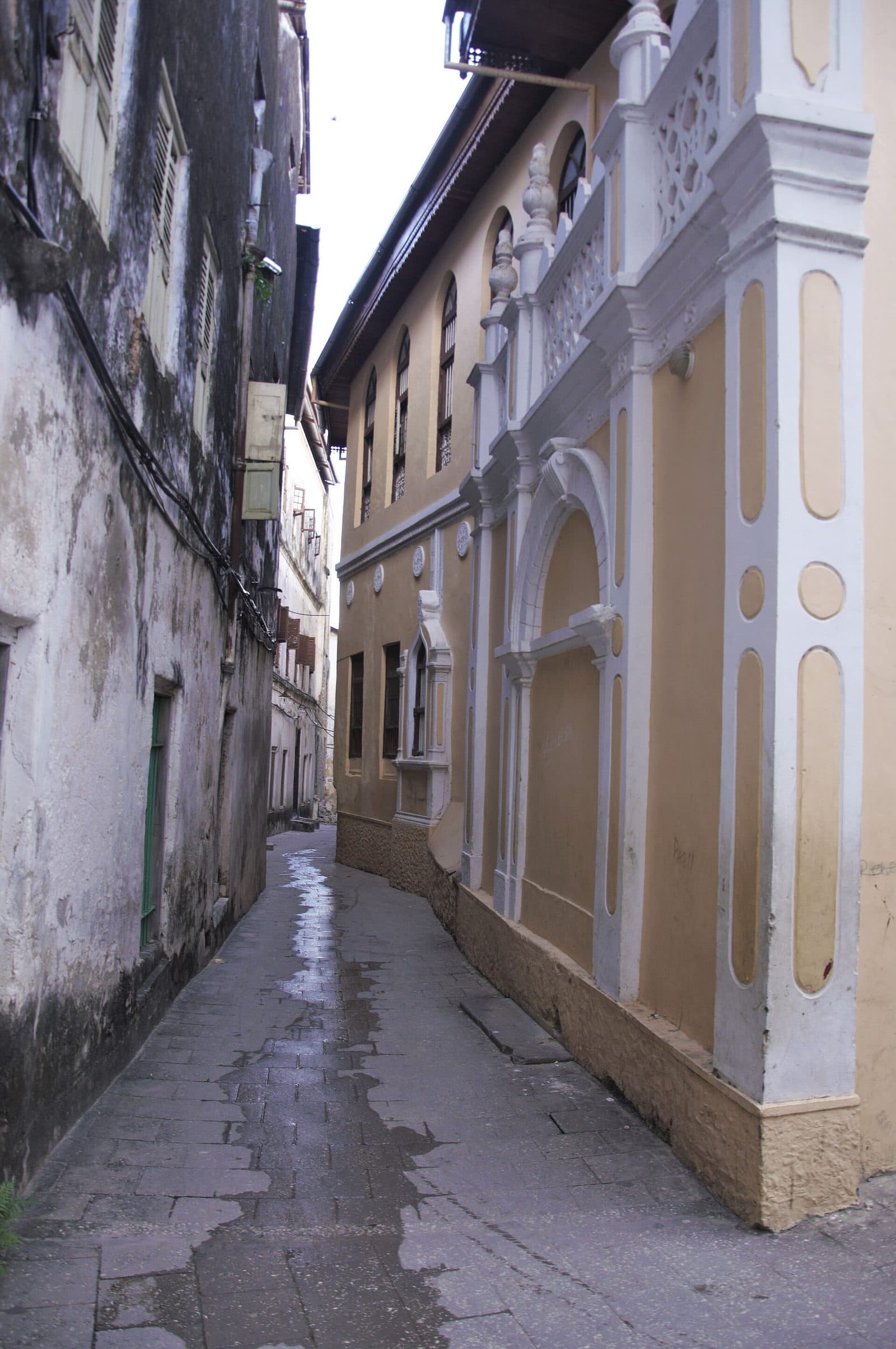 A narrow Stone Town alley between coral-stone buildings, one wall washed grey and the other a carved yellow and white facade.